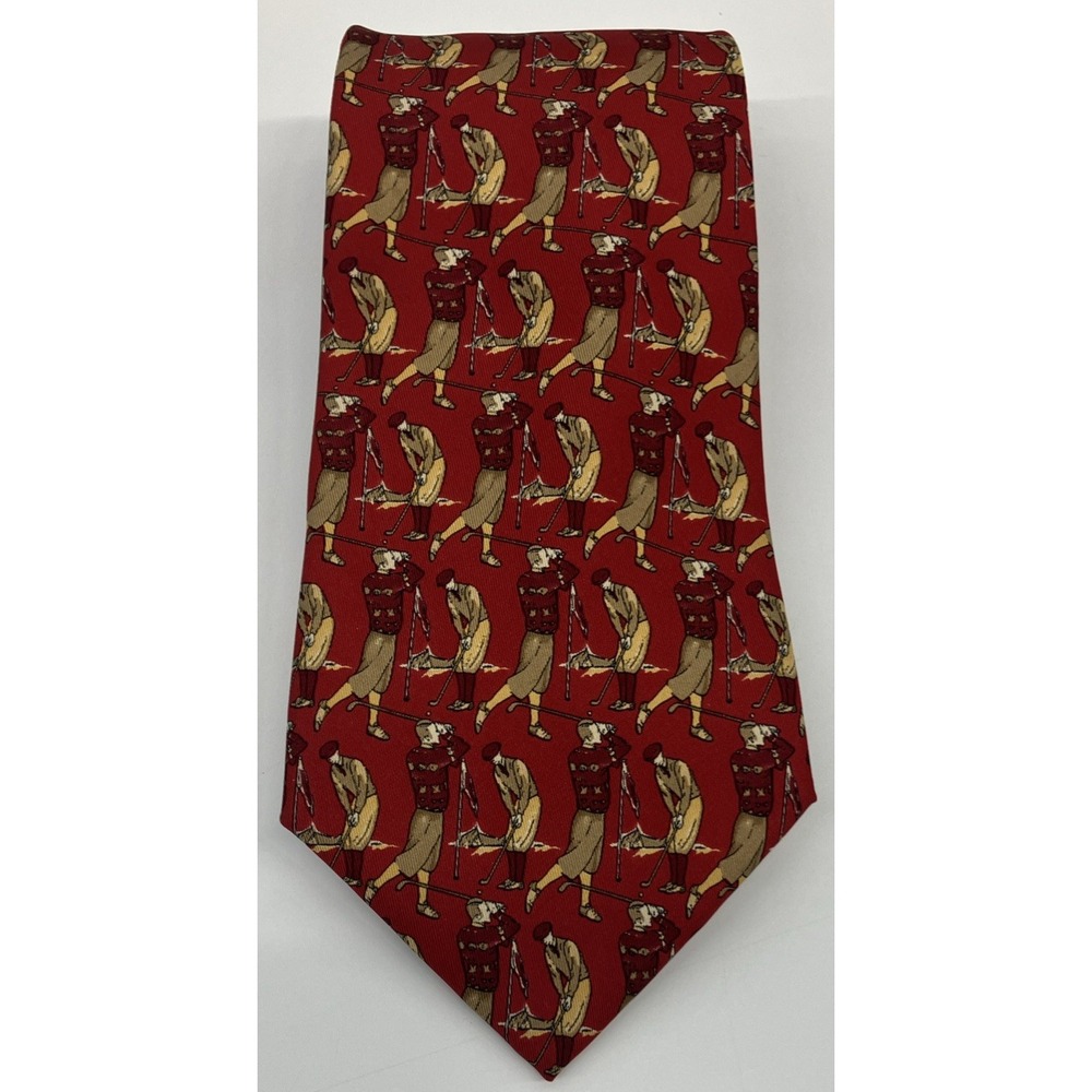 Salvatore Ferragamo Golf Neck Tie Mens Red Golfer Print 100% Silk Made in Italy
